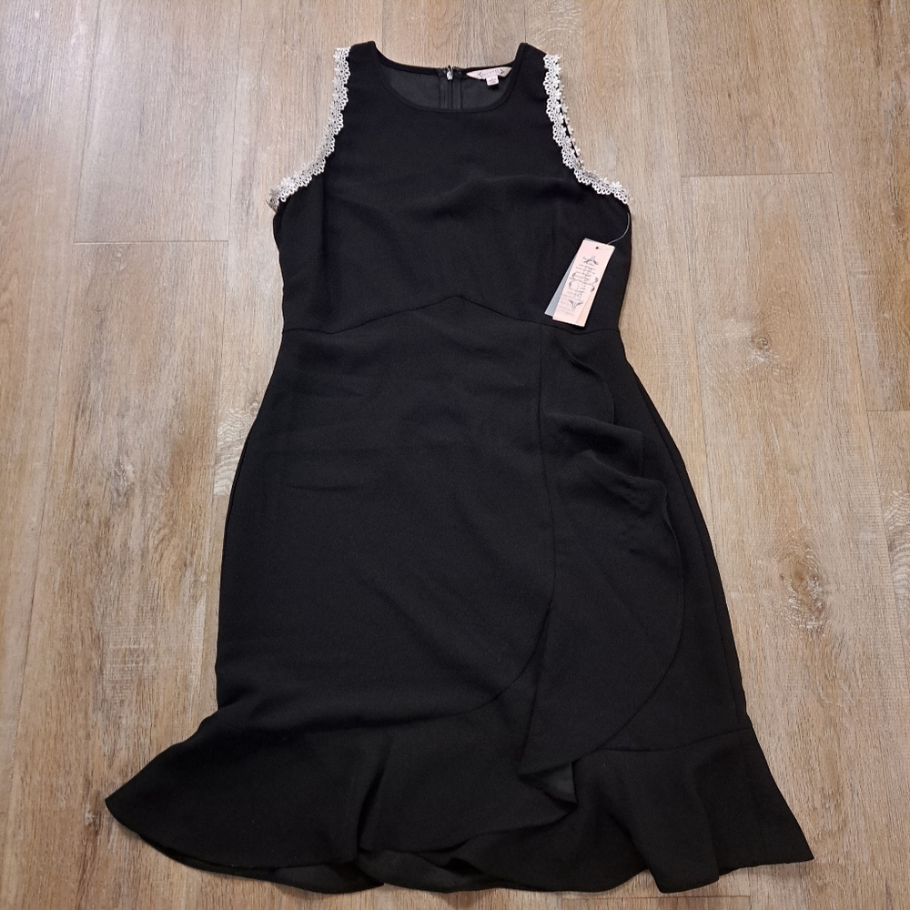 Nanette Lepore Black Ruffle Dress Sleeveless White Lace Trim Women's Size 6 - Picture 13 of 14
